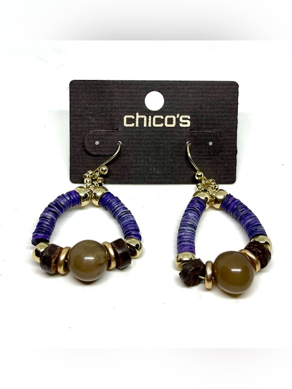 Chico's Purple and Brown Beaded Hoop Earrings with Gold Accents NWT